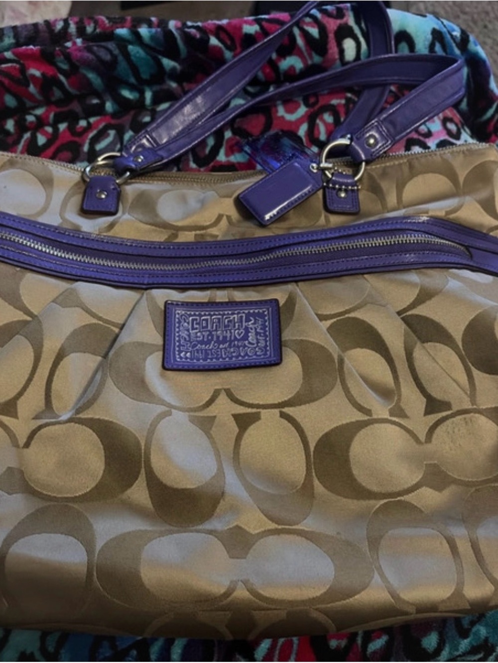 Coach Tan Signature Tote with Purple Leather Trim